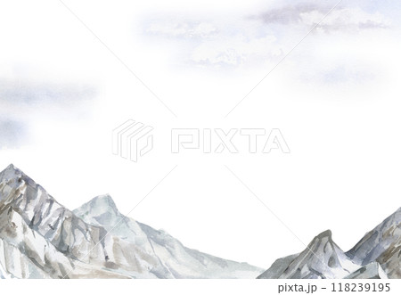 Scenery landscape, mountain range snowy peaks crags cliffs alpine vista, cloudy sky hand drawn in watercolor. North Canada, Caucasus. Frame for tourism, resort ads, hiking camping sites vacation. 118239195