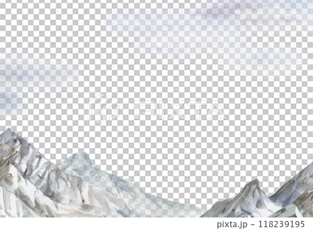 Scenery landscape, mountain range snowy peaks crags cliffs alpine vista, cloudy sky hand drawn in watercolor. North Canada, Caucasus. Frame for tourism, resort ads, hiking camping sites vacation. 118239195