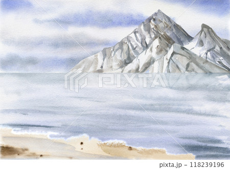 Scenery landscape cloudy blue sky, mountains on horizon, water with waves, sea lake ocean, sandy shore. Watercolor hand drawn illustration for tourism, resort, hiking camping sites vacation, postcard. 118239196