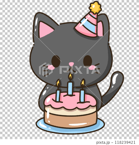 A kawaii hand drawn illustration birthday greeting card invitation ready to print a black cat with a birthday cake wearing a party hat 118239421