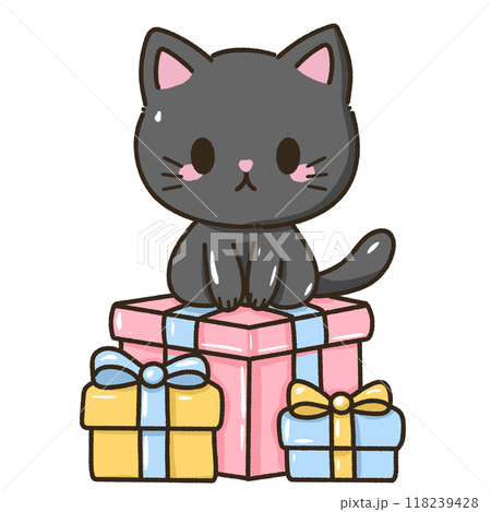 A kawaii hand drawn illustration birthday greeting card invitation ready to print a black cat sitting on top of a pink present box and yellow and blue boxes 118239428