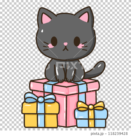 A kawaii hand drawn illustration birthday greeting card invitation ready to print a black cat sitting on top of a pink present box and yellow and blue boxes A kawaii hand drawn illustration birthday greeting card invitation ready to print a black cat sitting on top of a pink present box and yellow and blue boxes 118239428