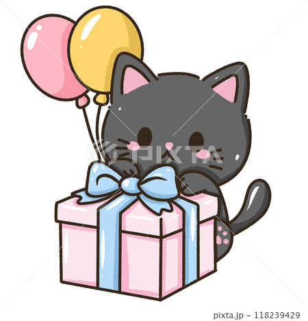 A kawaii hand drawn illustration birthday greeting card invitation ready to print a black cat holding on to a pink present box with pink and yellow balloons 118239429