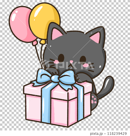 A kawaii hand drawn illustration birthday greeting card invitation ready to print a black cat holding on to a pink present box with pink and yellow balloons 118239429