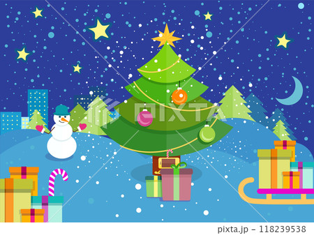 Holiday illustration depicting Christmas tree, snowman, presents, cityscape. Winter festivities gift-giving, urban celebration, snowy night, seasonal decor, family traditions, joyful atmosphere Holiday illustration depicting Christmas tree, snowman, presents, cityscape. Winter festivities gift-giving, urban celebration, snowy night, seasonal decor, family traditions, joyful atmosphere 118239538