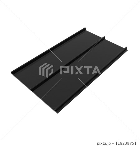 Black retro roof panel with standing seam and fasteners. Modern galvanized steel roofing sheet with ribs isolated on white background. Falz roofing. Classic style black metal panel with rebate joint 118239751
