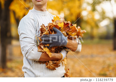 Harvesting autumn leaves. Man cleans autumn park from yellow leaves. Cleaning, and ecology concept. 118239779