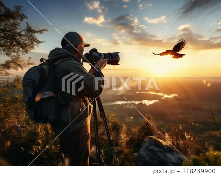 Birdwatcher on sunrise with tripod and camera take shot on birds. Amazing landscape and birdwatcher silhouette with camera. Wildlife photography concept 118239900