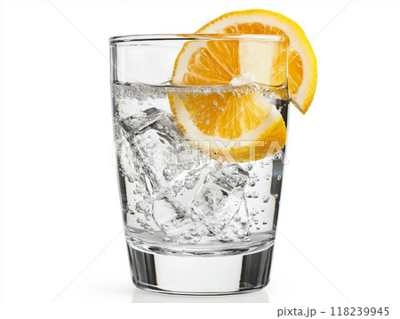 Glass with soda water, ice cubes and lemon slice on white background. Cooling drink 118239945