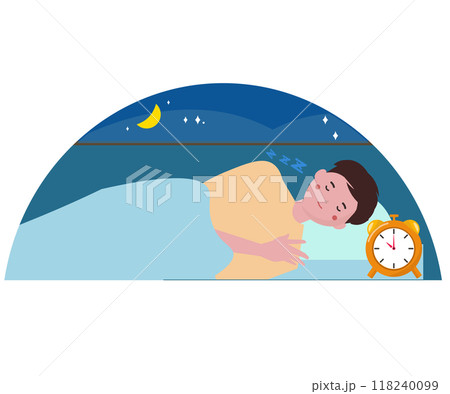 ぐっすりと寝る男性。睡眠する人物のイラスト。規則正しい生活習慣。ベクターイラスト	 118240099