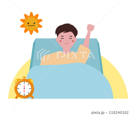 早起きする男性。朝の6時に起床する男性のイラスト。ベクターイラスト 早起きする男性。朝の6時に起床する男性のイラスト。ベクターイラスト 118240102