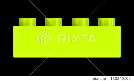 Lime Green Lego Block Isolated on a Black Background. Close Up View of a Plastic Children Game Brick for Constructors, Front View. High Quality 3D Rendering with a Work Path. 8K Ultra HD, 7680x4320 118240106