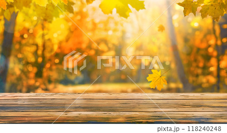 colorful fall leaves on wooden floor, autumn natural background of forest with maple trees colorful fall leaves on wooden floor, autumn natural background of forest with maple trees 118240248