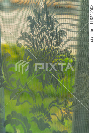 Blurry vertical photo of transparent thin window curtain against green vegetation background and trees outside window. Blank for the background in artworks. 118240508