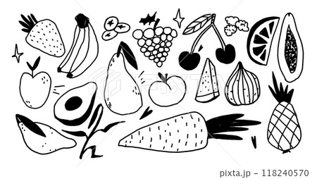 Set of black and white fruits elements. Marker or pen texture. Trendy jagged illustrations. Childish naive tattoo. Vector scribble hand drawn icons 118240570