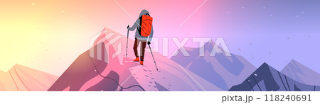 Hiker with backpack climbing snowy mountain peak at sunrise colorful gradient sky adventure trekking outdoor landscape 118240691