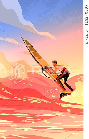 Windsurfing adventure vibrant sunset ocean waves colorful sky action sports dynamic scene athletic man riding sailboard abstract background Windsurfing adventure vibrant sunset ocean waves colorful sky action sports dynamic scene athletic man riding sailboard abstract background 118240695
