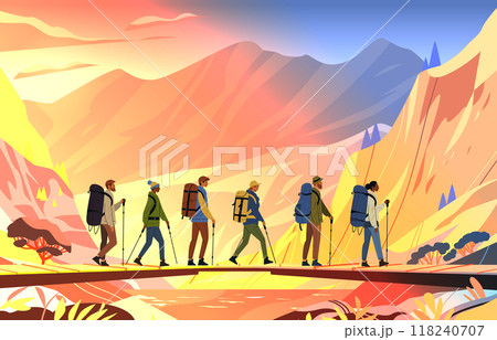 Hikers with backpacks walking on a bridge in colorful mountainous landscape outdoor adventure travel concept Hikers with backpacks walking on a bridge in colorful mountainous landscape outdoor adventure travel concept 118240707