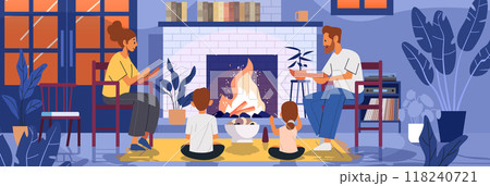 Family sitting by fireplace cozy living room. Parents and children gathered around fire enjoying warm atmosphere. Modern interior with plants bookshelves window Family sitting by fireplace cozy living room. Parents and children gathered around fire enjoying warm atmosphere. Modern interior with plants bookshelves window 118240721