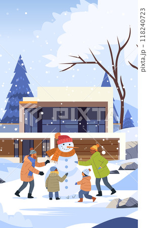 Family building snowman winter scene modern house background snowy landscape holiday fun 118240723