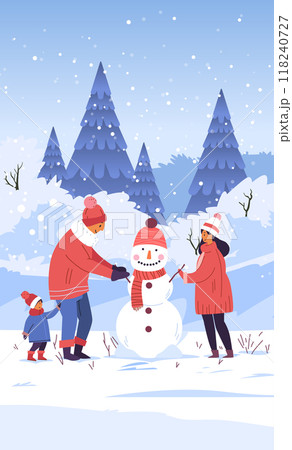 Family building snowman winter scene snowy forest background playful activity seasonal fun outdoor cold weather 118240727