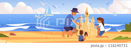 Family building sandcastle on beach with ocean waves sailboats and seagulls in background summer vacation scene 118240731
