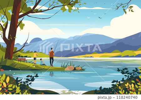 Family fishing by lake serene nature landscape colorful scenery mountains trees water outdoor activity peaceful scene 118240740