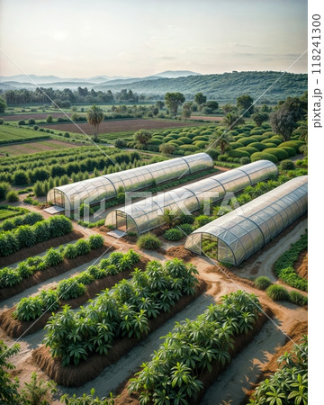 large outdoor farm with multiple rows of green plants under clear plastic tunnels. Green plant in greenhouse 118241300