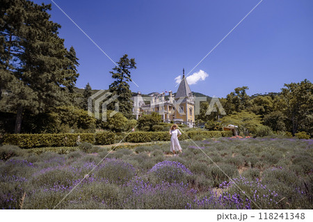 A woman is walking through a field of lavender 118241348