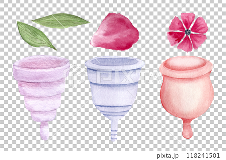 Menstrual cups and a pink flower, petal and green leafs watercolor set isolated on white. Great for eco-friendly menstrual care design, ads, packaging, blogs about sustainable lifestyle of modern Menstrual cups and a pink flower, petal and green leafs watercolor set isolated on white. Great for eco-friendly menstrual care design, ads, packaging, blogs about sustainable lifestyle of modern 118241501
