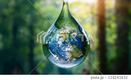 ひとつの水の雫の中には地球が入っています。雫は空中に浮かび、背景は森がぼやけています。 118241632