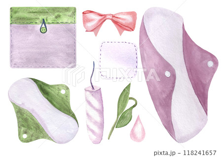 Reusable period pads, tampon, case, ribbon watercolor set isolated on white. Perfect for comprehensive menstrual care design, for ads, packaging, blogs about sustainable lifestyle of a modern women 118241657