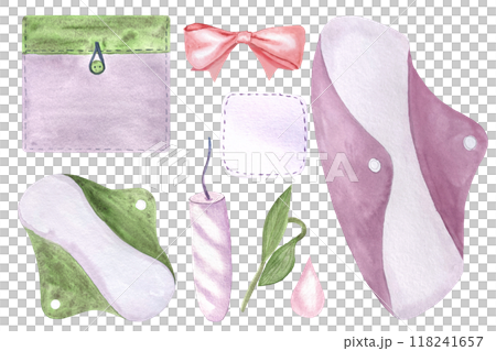 Reusable period pads, tampon, case, ribbon watercolor set isolated on white. Perfect for comprehensive menstrual care design, for ads, packaging, blogs about sustainable lifestyle of a modern women 118241657