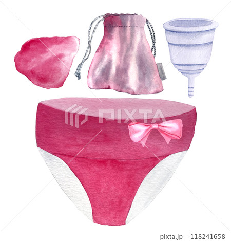 A pink period panties with a bow, menstrual cup, pouch, pink petal watercolor set isolated on white. Hand drawn high quality design elements perfect for ads, packages, blogs about sustainable 118241658