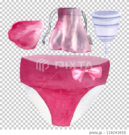 A pink period panties with a bow, menstrual cup, pouch, pink petal watercolor set isolated on white. Hand drawn high quality design elements perfect for ads, packages, blogs about sustainable 118241658