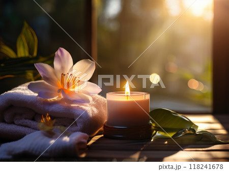 Beautiful aesthetic spa room with candle and flower. Spacious room with large windows in private house. SPA, resort and relax concept 118241678