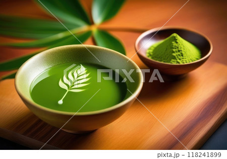 A serene cup of vibrant green tea with artistic leaf design, accompanied by a bowl of matcha powder 118241899
