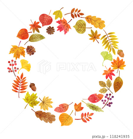手描き水彩風　秋の葉っぱ　丸いフレーム 118241935