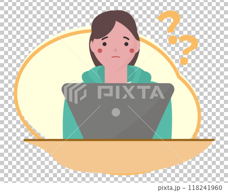 一個女孩對如何使用電腦感到困惑。一位發現操作電腦很困難的女性。向量圖 一個女孩對如何使用電腦感到困惑。一位發現操作電腦很困難的女性。向量圖 118241960