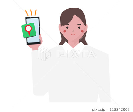 地図アプリで道案内をするビジネスウーマンの女性。スマートフォンの地図ナビ。ベクターイラスト 地図アプリで道案内をするビジネスウーマンの女性。スマートフォンの地図ナビ。ベクターイラスト 118242002