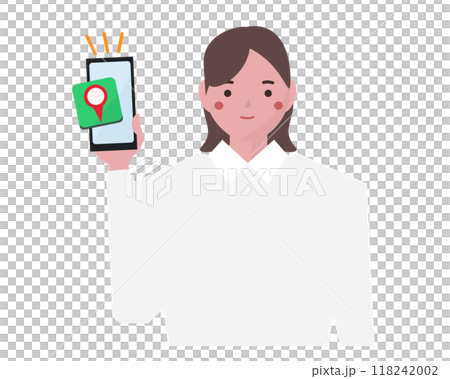 地図アプリで道案内をするビジネスウーマンの女性。スマートフォンの地図ナビ。ベクターイラスト 地図アプリで道案内をするビジネスウーマンの女性。スマートフォンの地図ナビ。ベクターイラスト 118242002