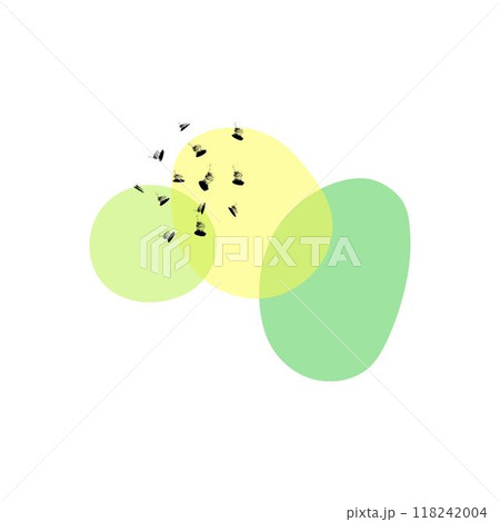 Abstract illustration with overlapping green and yellow shapes and scattered brush marks. 118242004