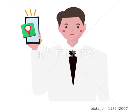 地図アプリで道案内をするビジネスマンの男性。スマートフォンの地図ナビ。ベクターイラスト 地図アプリで道案内をするビジネスマンの男性。スマートフォンの地図ナビ。ベクターイラスト 118242007