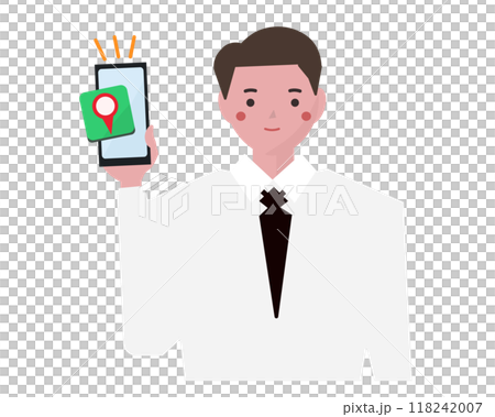 地図アプリで道案内をするビジネスマンの男性。スマートフォンの地図ナビ。ベクターイラスト 地図アプリで道案内をするビジネスマンの男性。スマートフォンの地図ナビ。ベクターイラスト 118242007