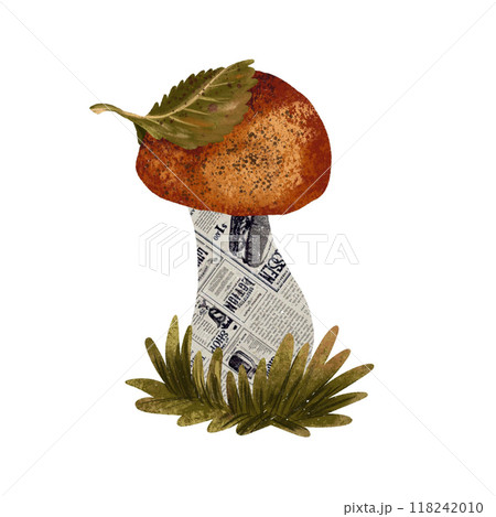 White mushroom. Aspen mushroom. Vintage white mushroom with a leg from a newspaper clipping. Suitable for a sticker, poster, placard, wallpaper, for design 118242010