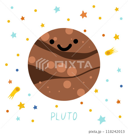 Solar system of planets for kids. Pluto with cartoon face. Vector illustration. Cartoon planet. 118242013