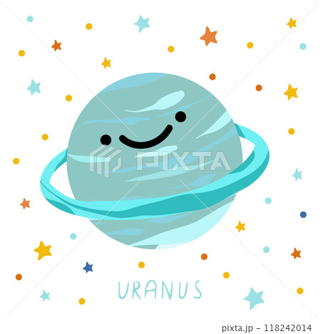 Solar system of planets for kids. Uranus with cartoon face. Vector illustration. Cartoon planet. Solar system of planets for kids. Uranus with cartoon face. Vector illustration. Cartoon planet. 118242014