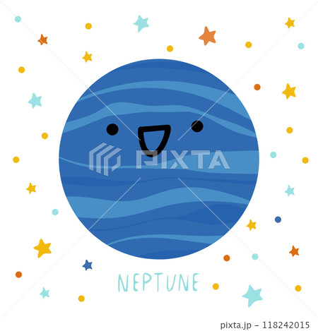 Solar system of planets for kids. Neptune with cartoon face. Vector illustration. Cartoon planet. Solar system of planets for kids. Neptune with cartoon face. Vector illustration. Cartoon planet. 118242015
