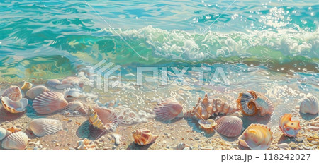 Bask in the beauty of sunlit waves washing over seashells on this sandy shore Bask in the beauty of sunlit waves washing over seashells on this sandy shore 118242027
