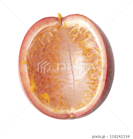 Passion fruit peel with yellow pulp isolated on white background. 118242134